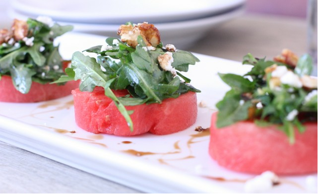 watermelon salad with arugula, goat cheese & candied walnuts