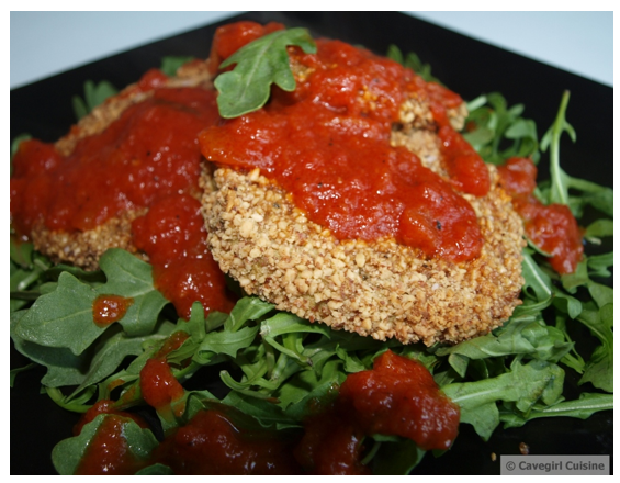 Paleo “Fried” Eggplant Marinara (on a bed of greens)