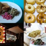 Clockwise: The Meltdown (faux tuna) at Counter Culture, vegan donuts at Red Rabbit bakery, wraps at Conscious Cravings, a late night stop at Arlo's.